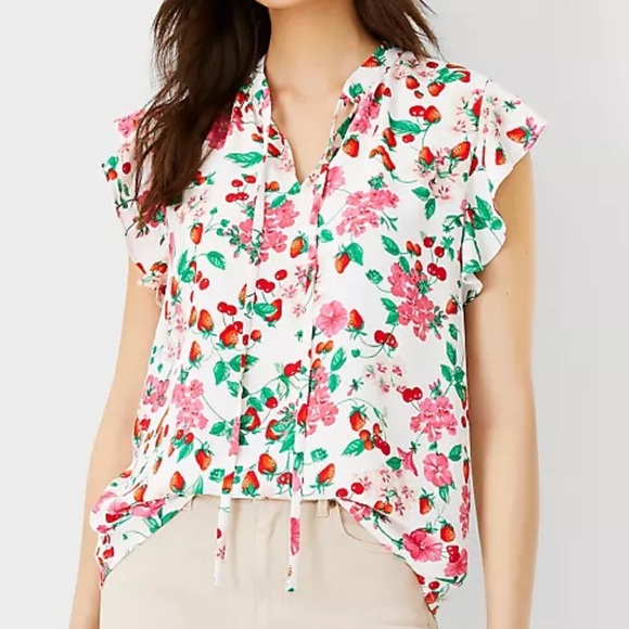 Ann Taylor strawberries, cherries, Floral Ruffle Sleeve Tie Neck Shell top - Picture 2 of 7